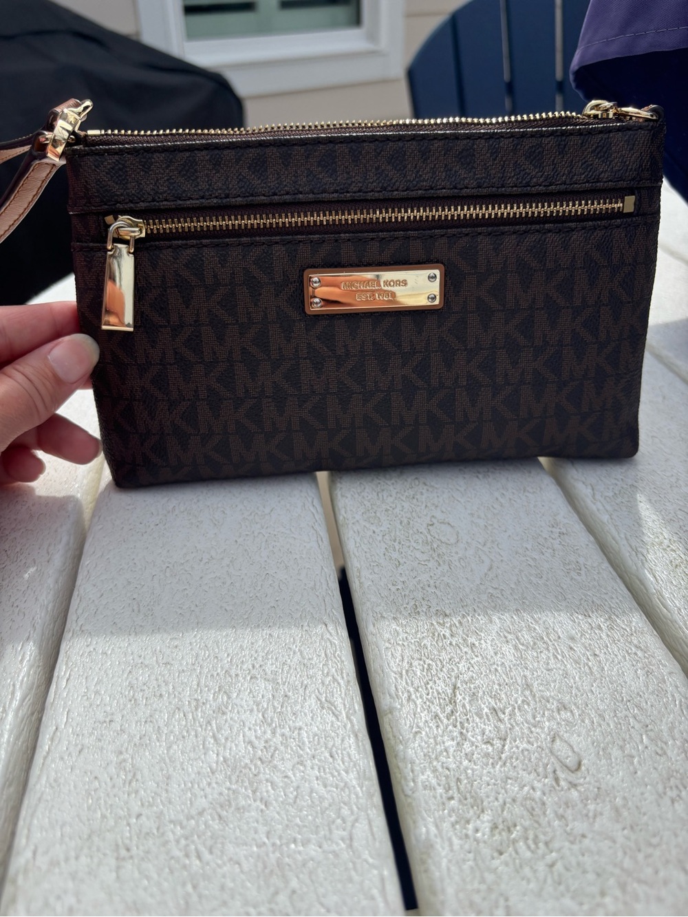 Michael Kors Dark Brown Monogram Wristlet with Gold Hardware
